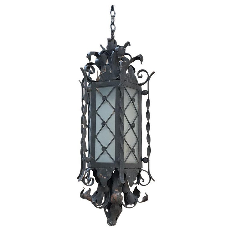 Antique Wrought Iron and Frosted Glass Lantern Chandelier For Sale at  1stDibs