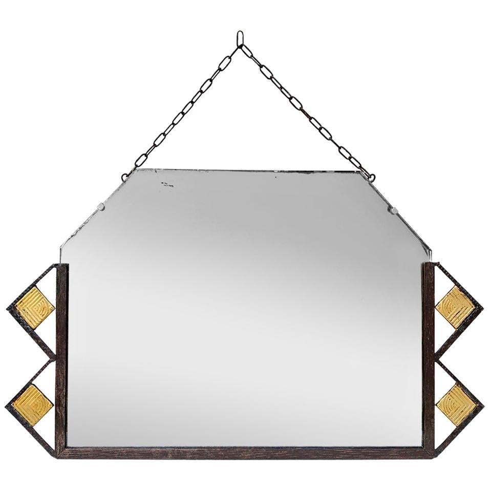 Miroir ancien en fer forgé et doré, Art Déco, vers 1930