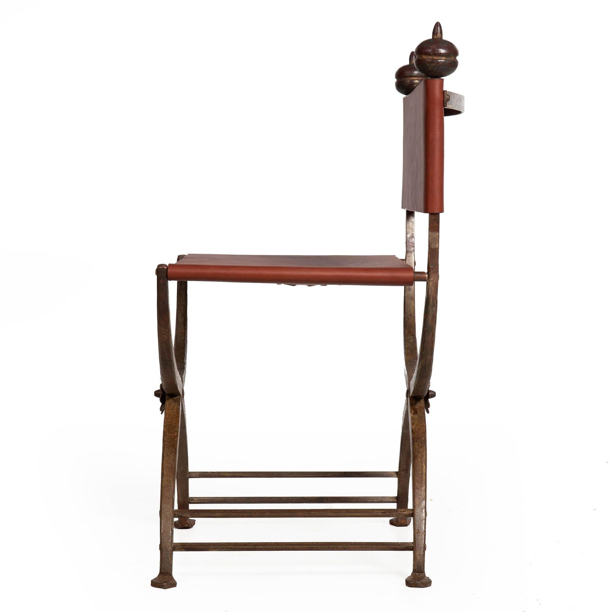 European Antique Wrought-Iron and Leather Savonarola Chair, early 20th century For Sale