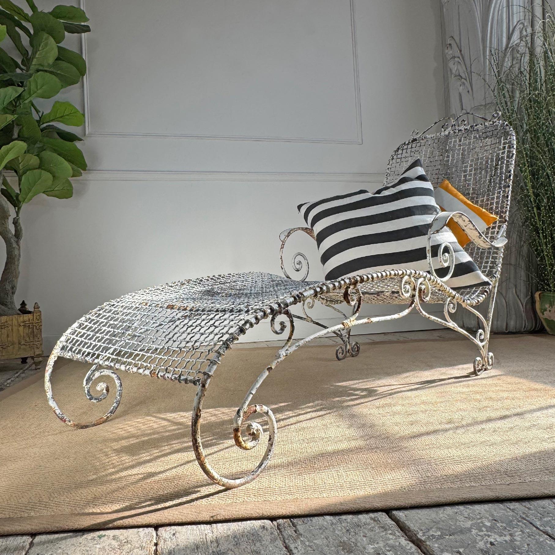 Antique Wrought Iron and Wirework Garden Lounger For Sale 3