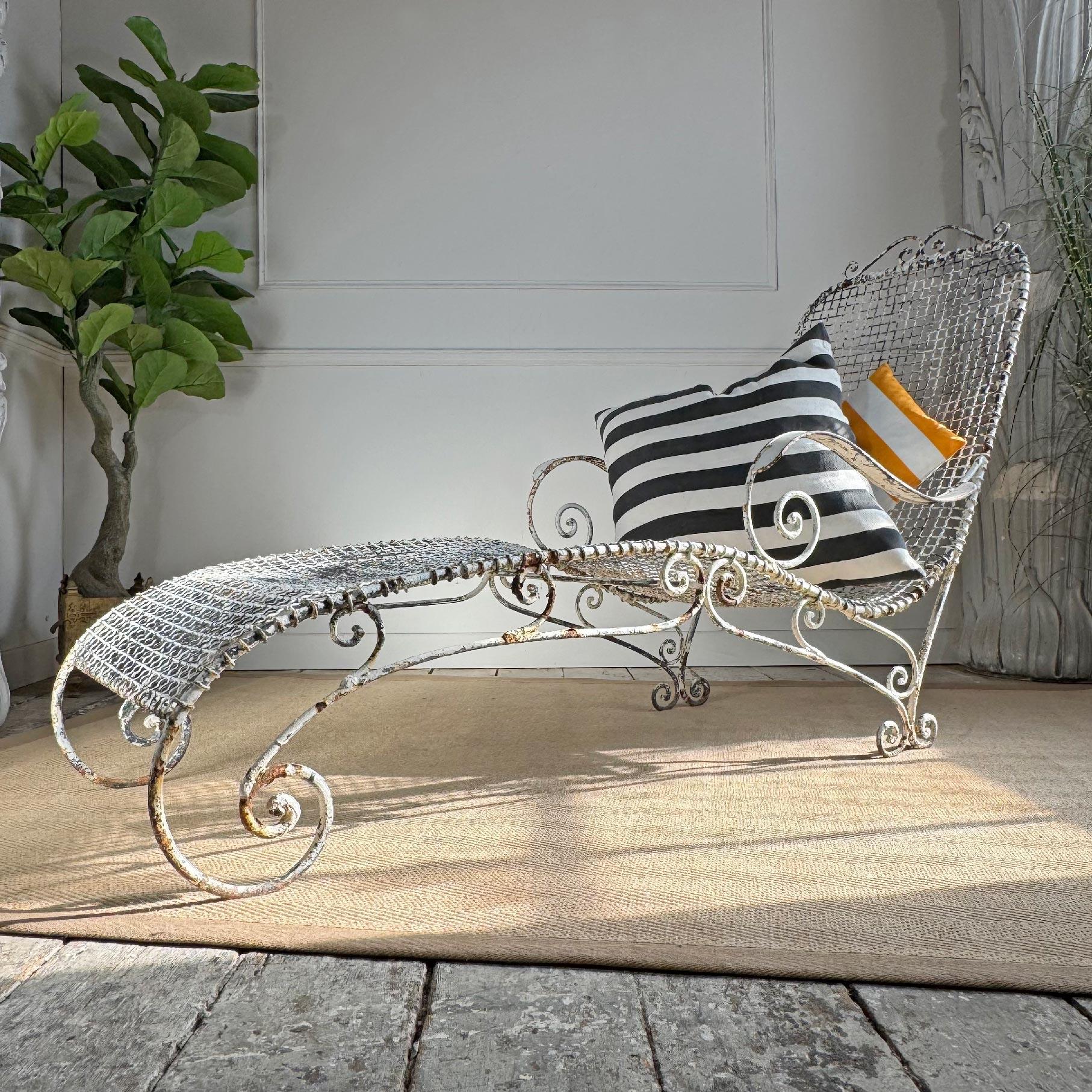 Antique Wrought Iron and Wirework Garden Lounger For Sale 5