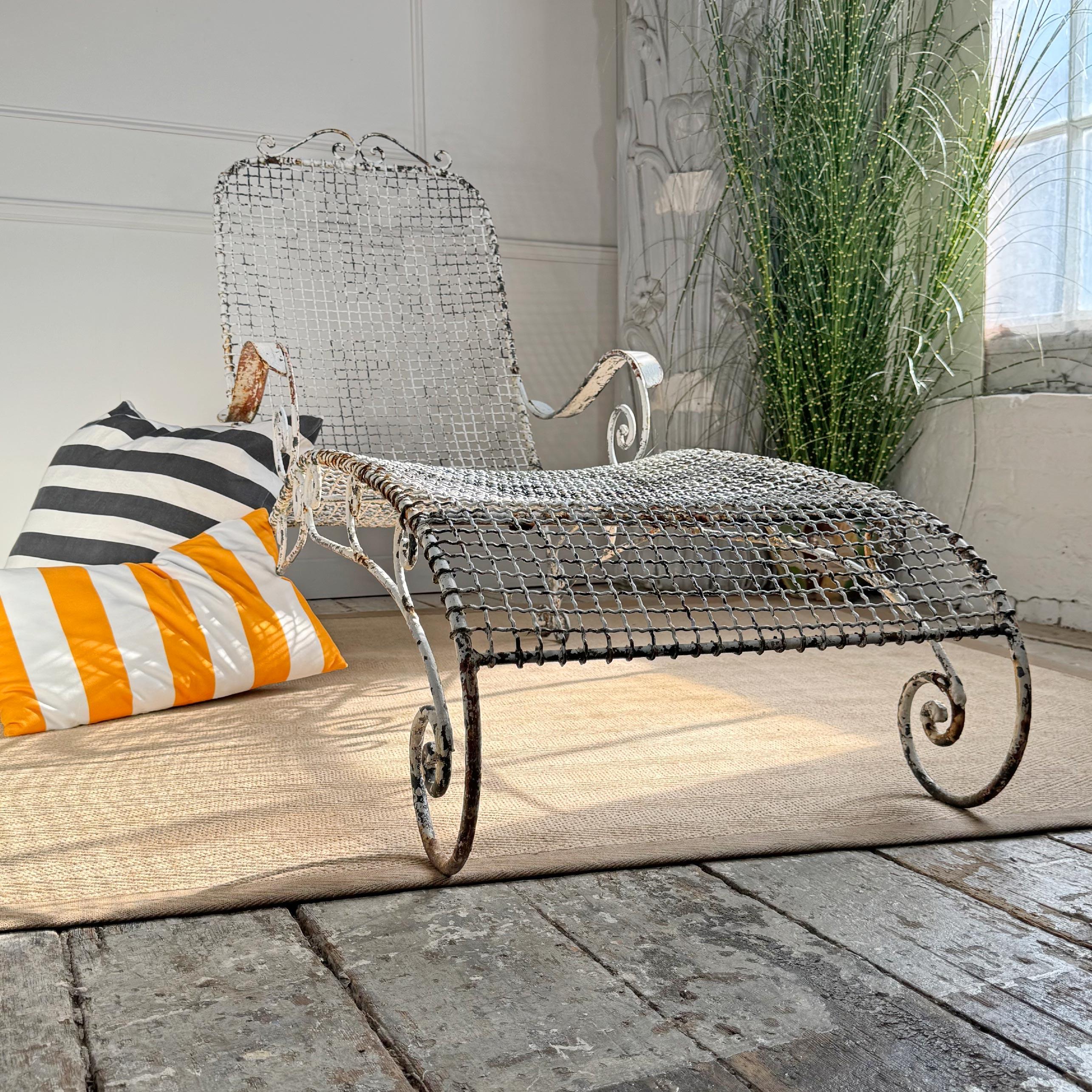 Regency Antique Wrought Iron and Wirework Garden Lounger For Sale