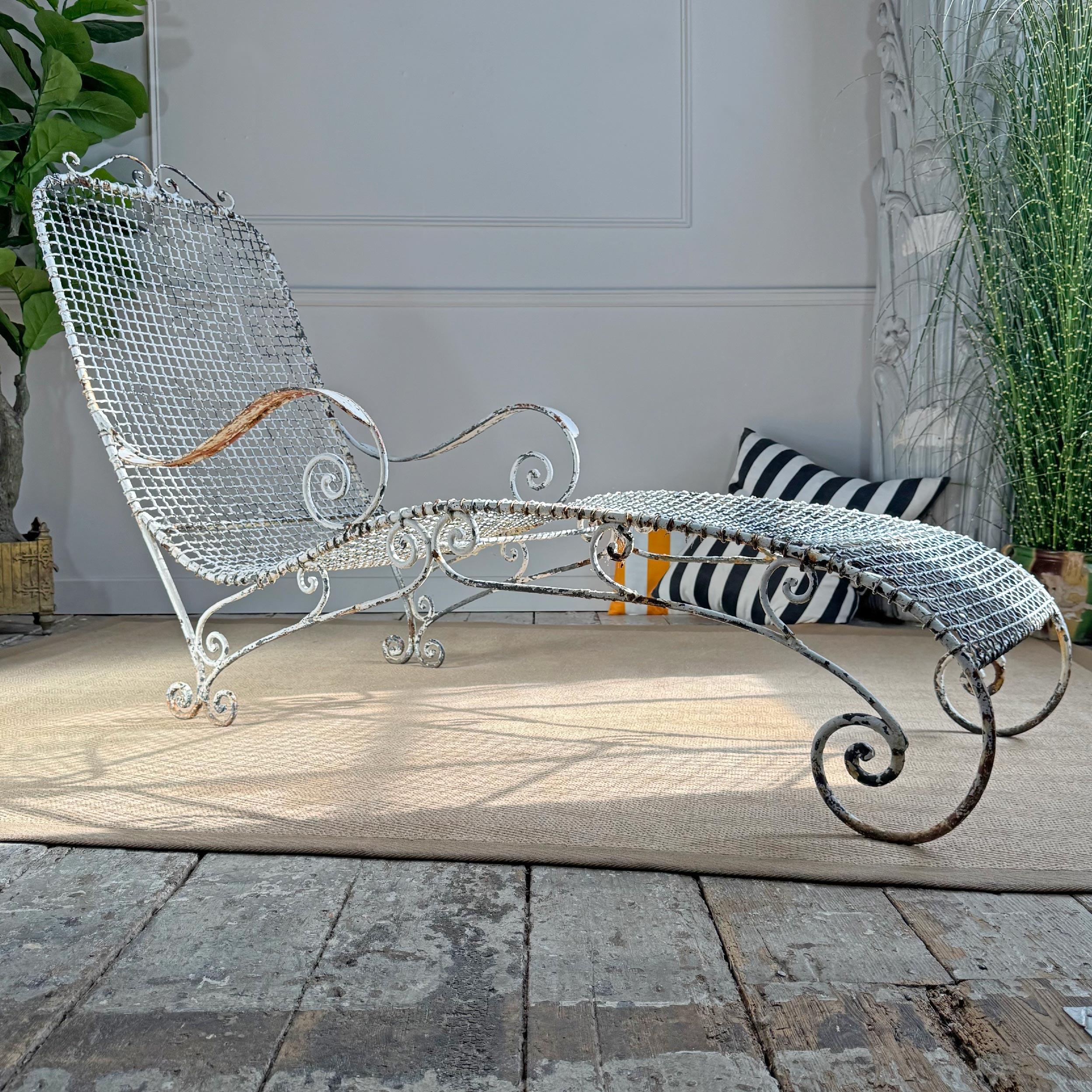 Antique Wrought Iron and Wirework Garden Lounger For Sale 1