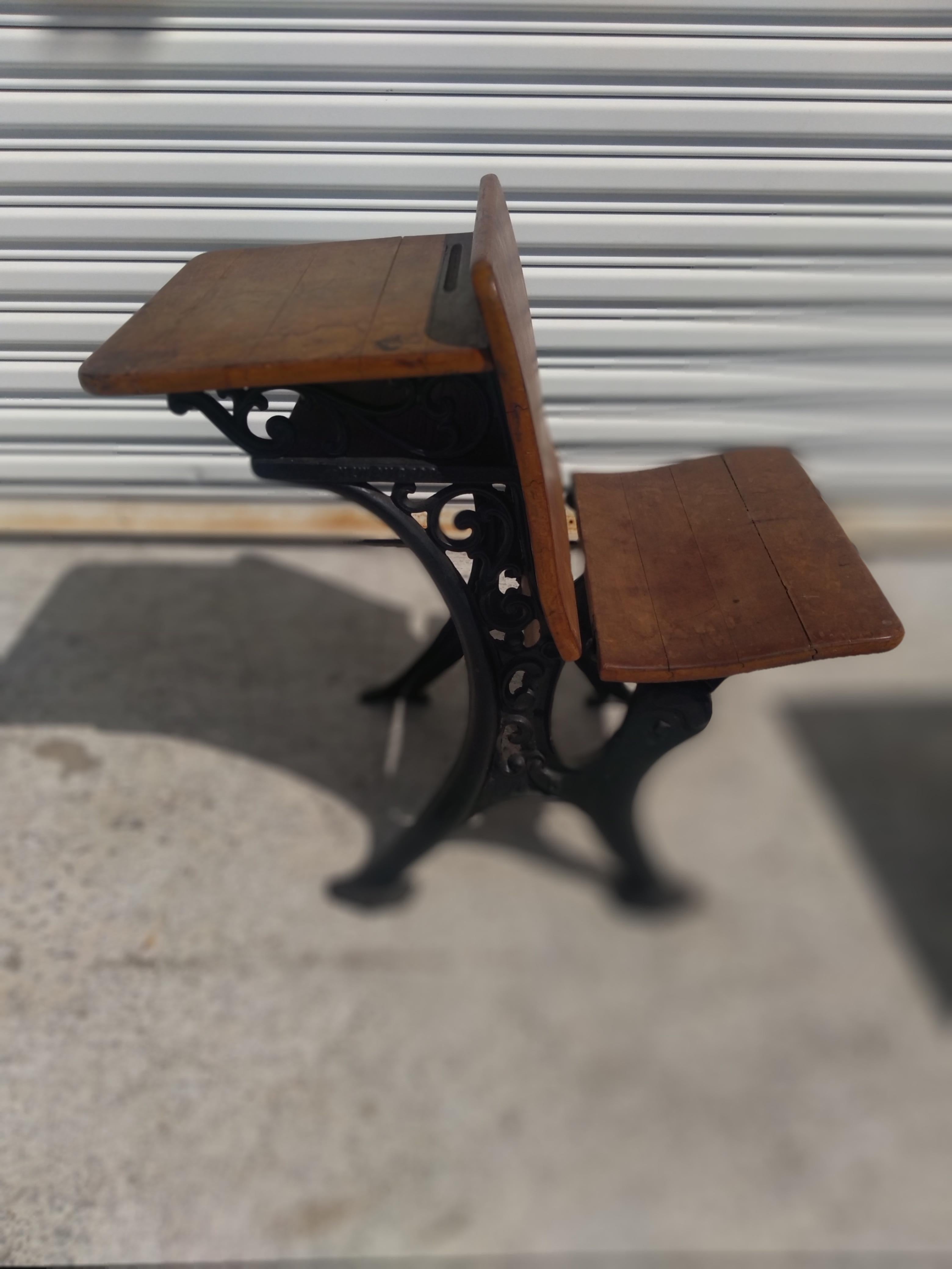 Antique Wrought Iron and Wooden Student Desk For Sale 1