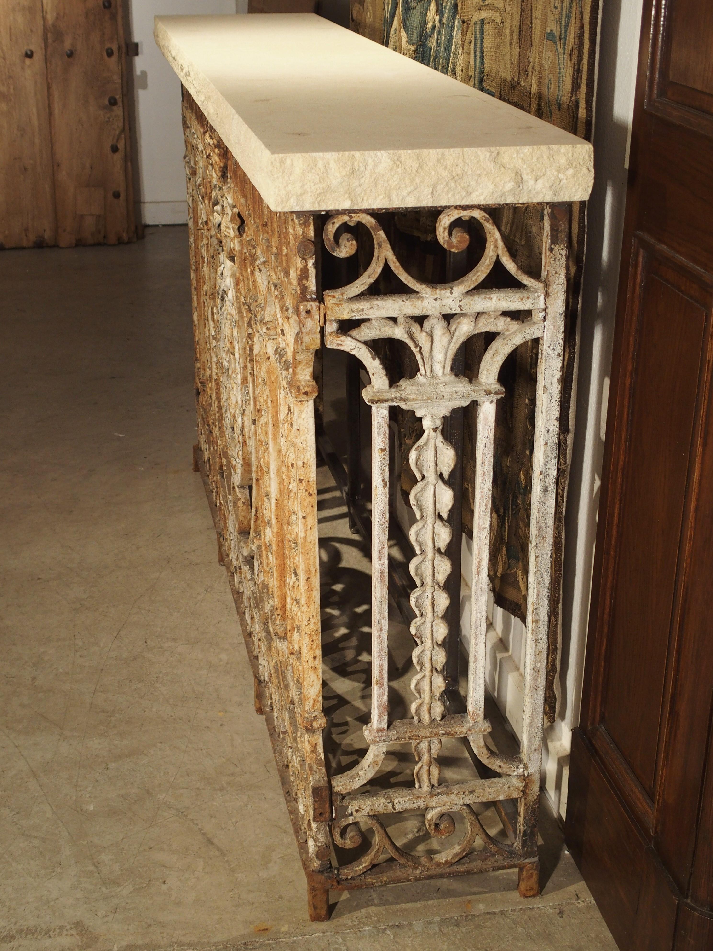 Antique Wrought Iron Balcony Gate Console Table with Limestone Top 5
