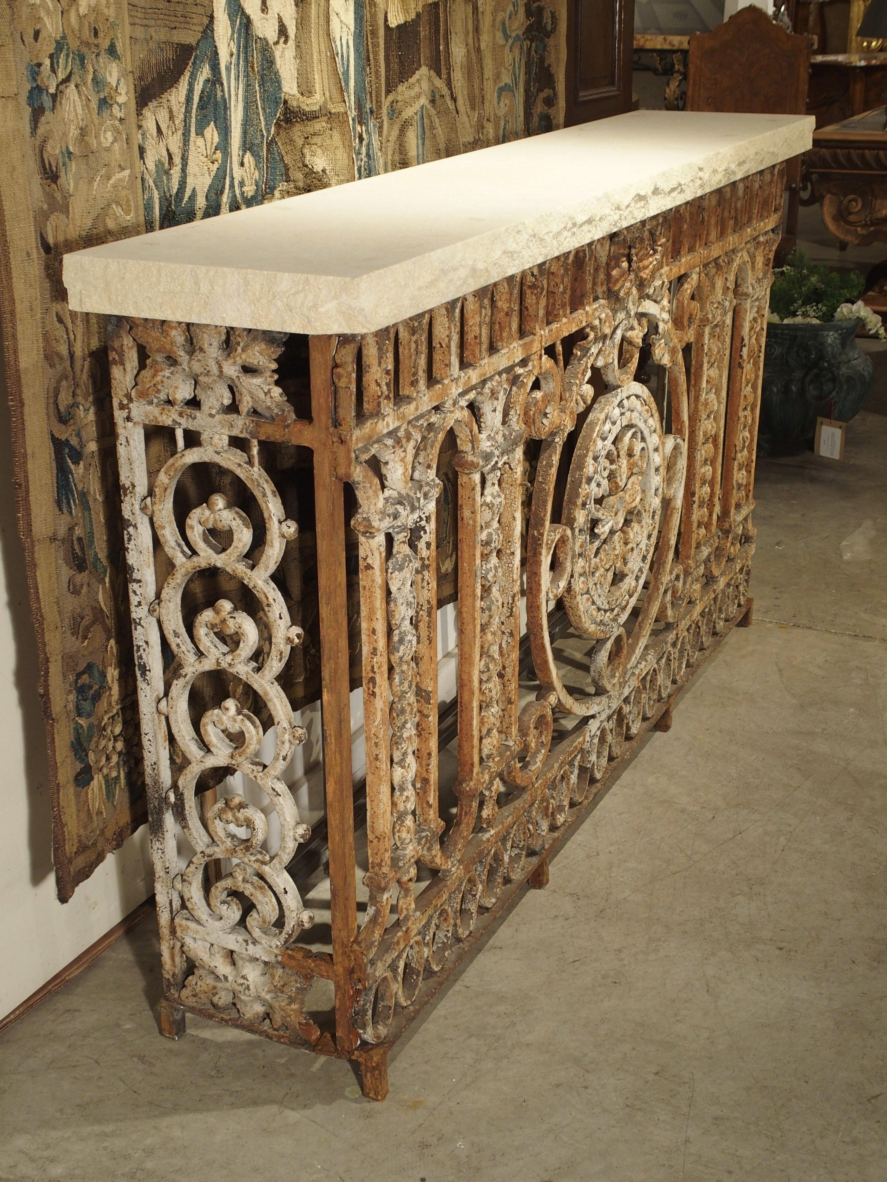 Antique Wrought Iron Balcony Gate Console Table with Limestone Top 8