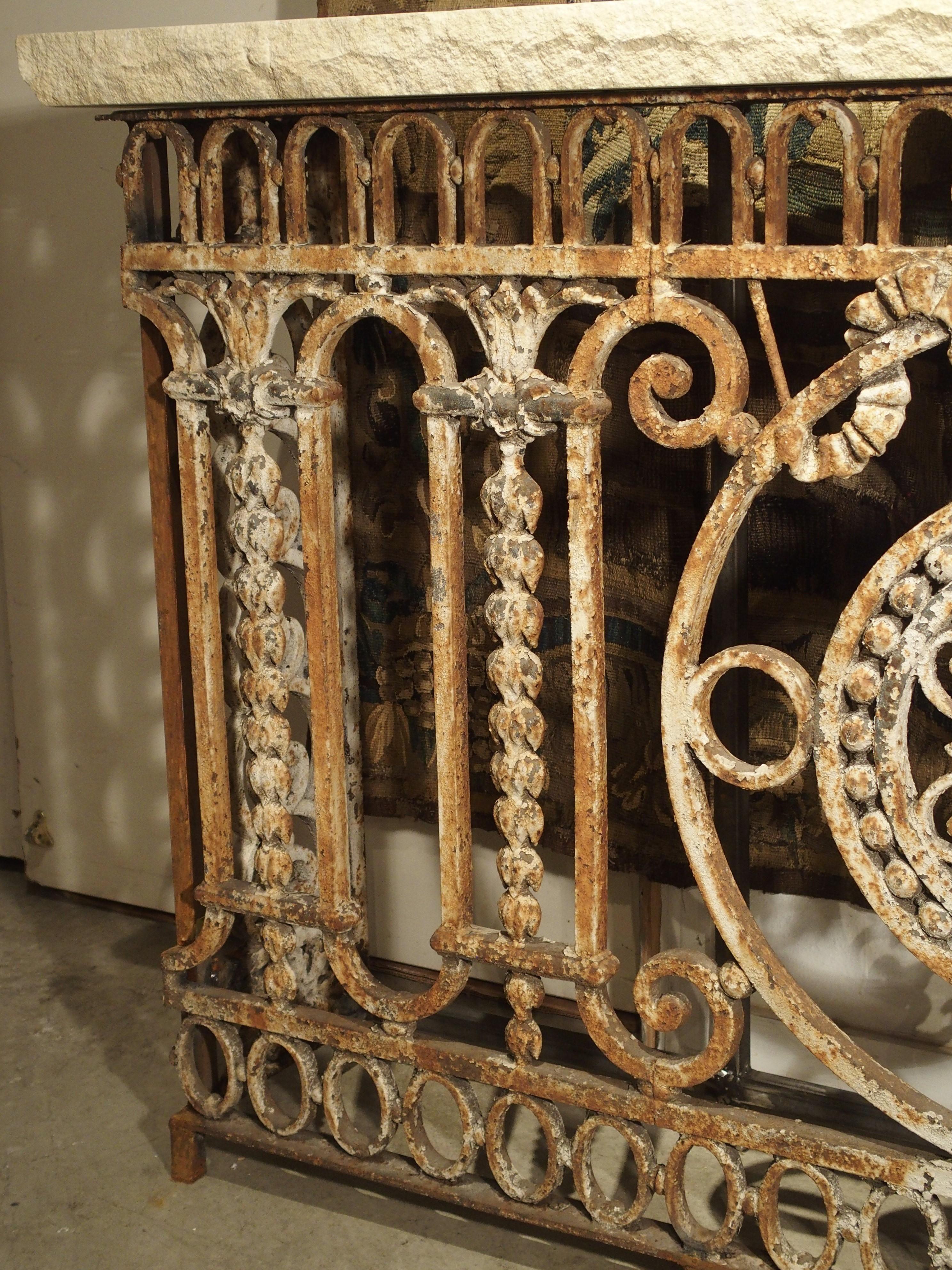 Antique Wrought Iron Balcony Gate Console Table with Limestone Top 2