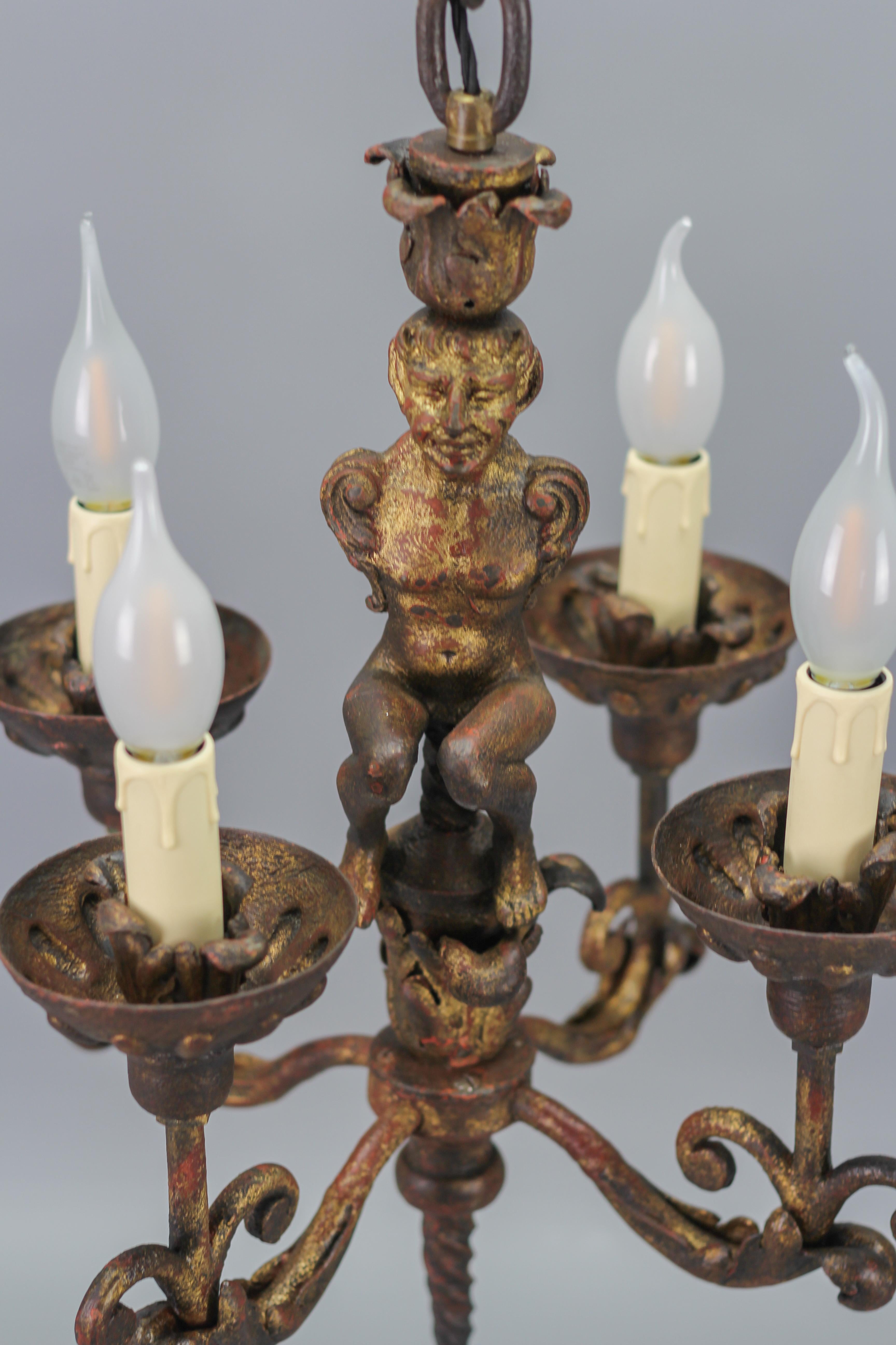 Antique Wrought Iron Baroque Style Four-Light Figural Chandelier, France For Sale 4