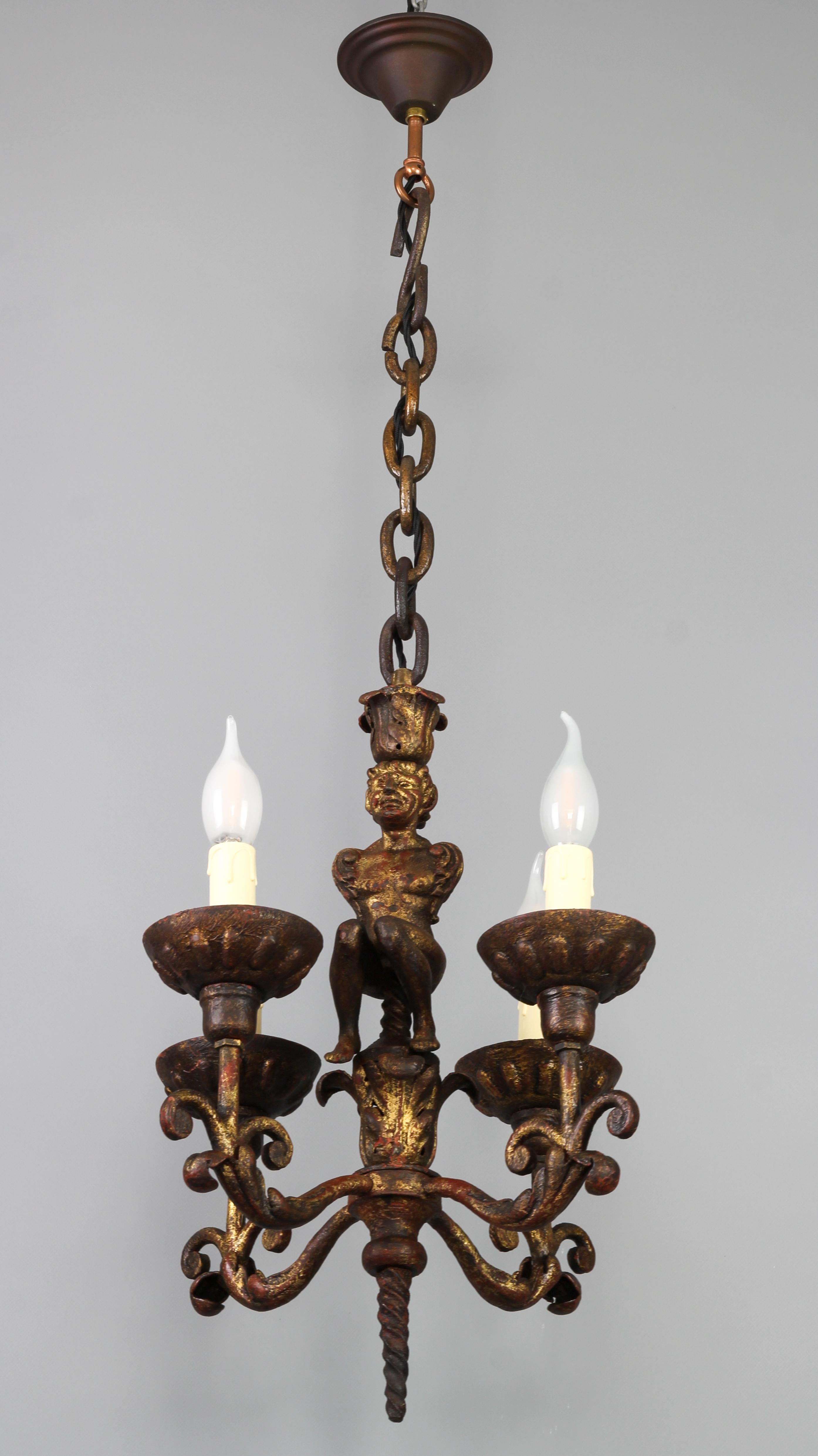 Antique Wrought Iron Baroque Style Four-Light Figural Chandelier, France For Sale 5