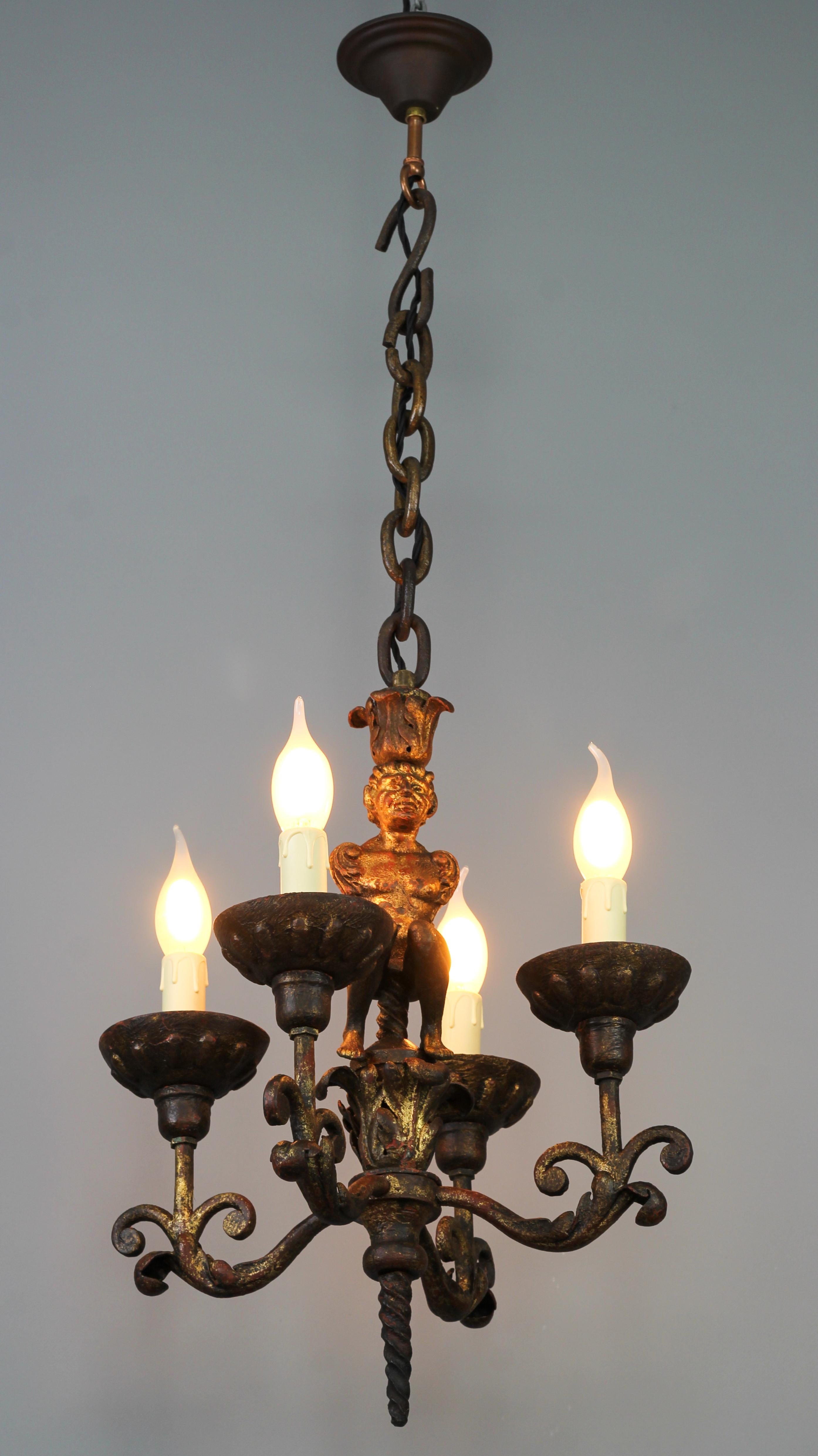 Antique Wrought Iron Baroque Style Four-Light Figural Chandelier, France For Sale 6