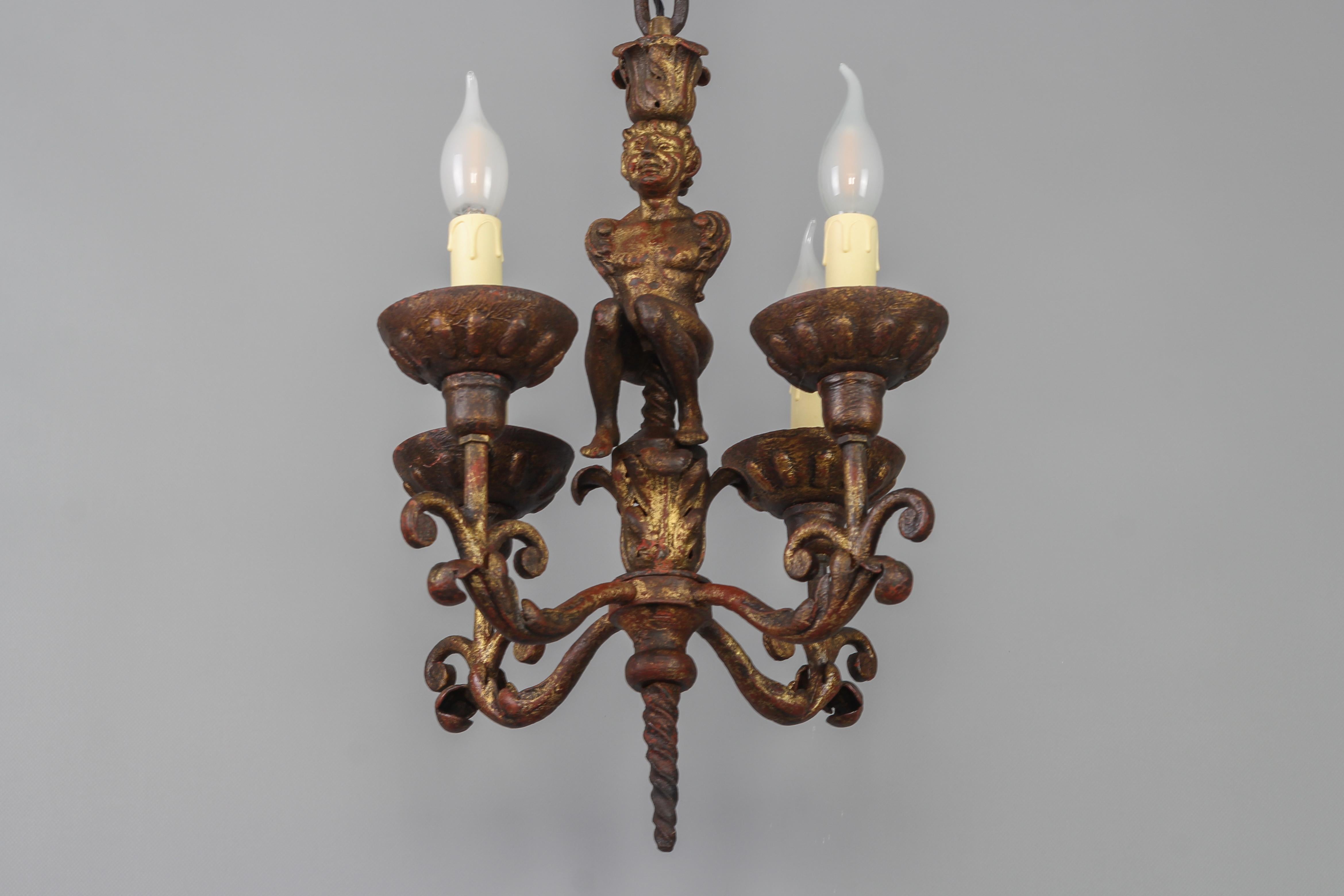 Antique Wrought Iron Baroque Style Four-Light Figural Chandelier, France For Sale 8