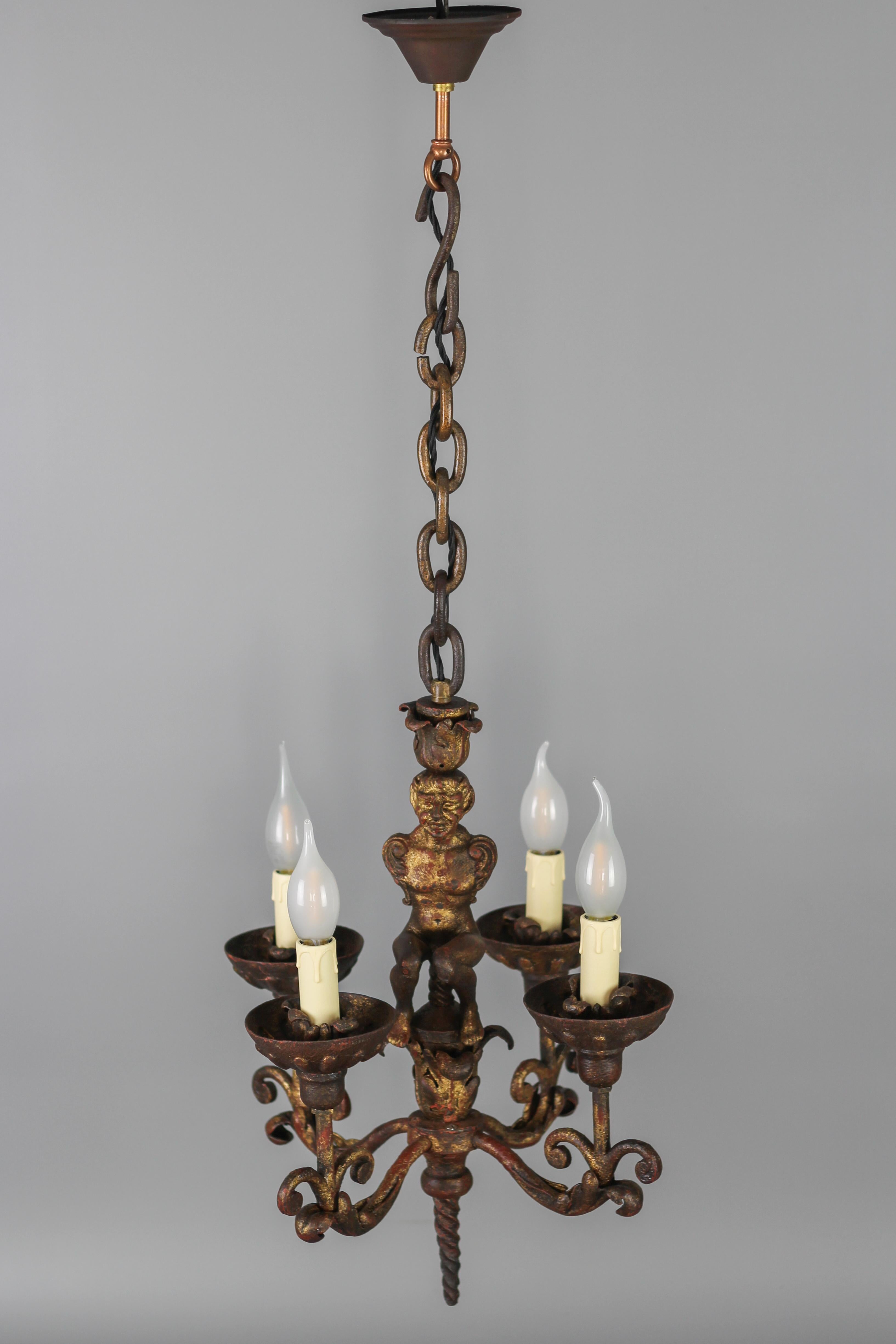 Antique Wrought Iron Baroque Style Four-Light Figural Chandelier, France For Sale 9