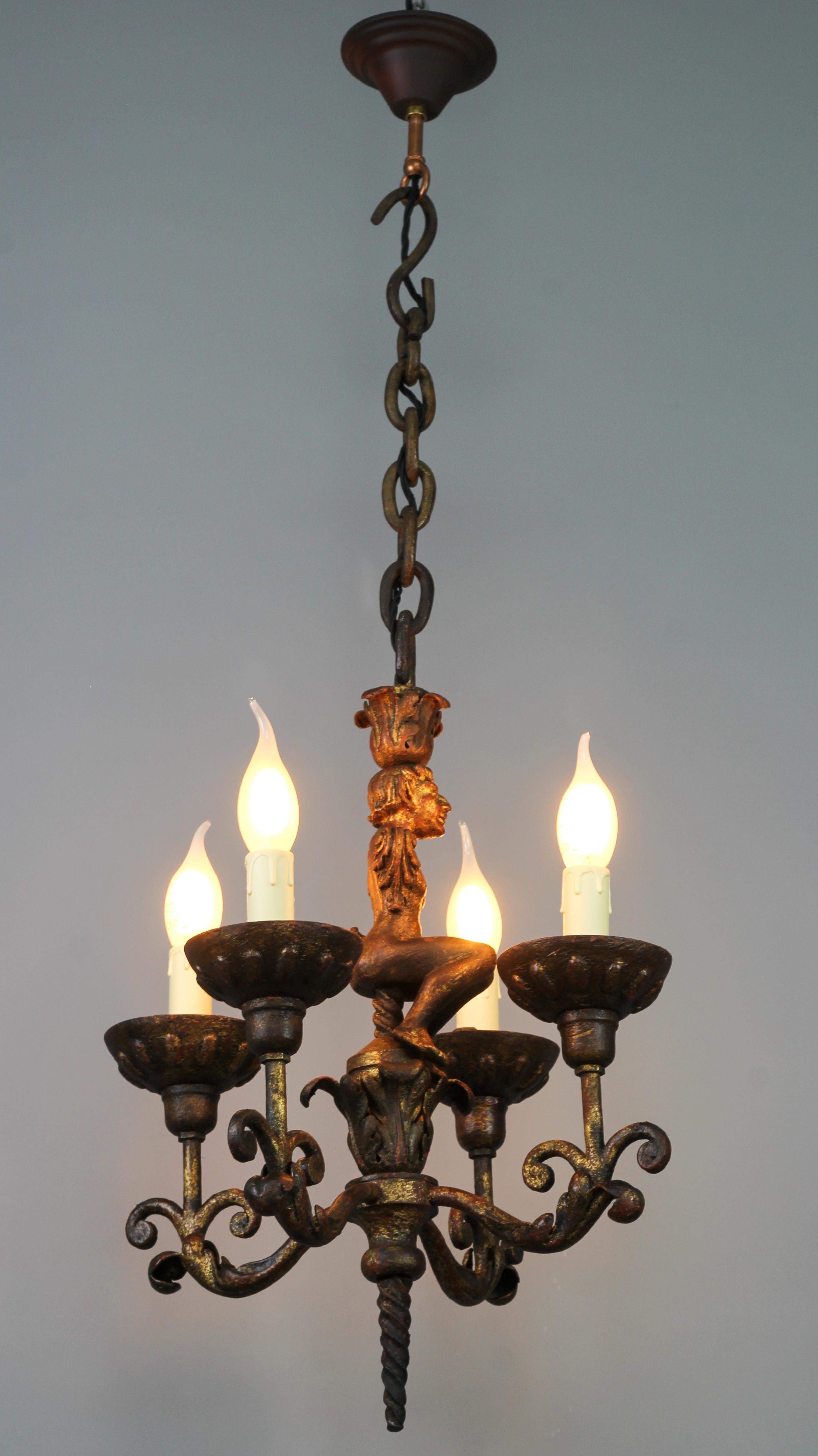French Antique Wrought Iron Baroque Style Four-Light Figural Chandelier, France For Sale