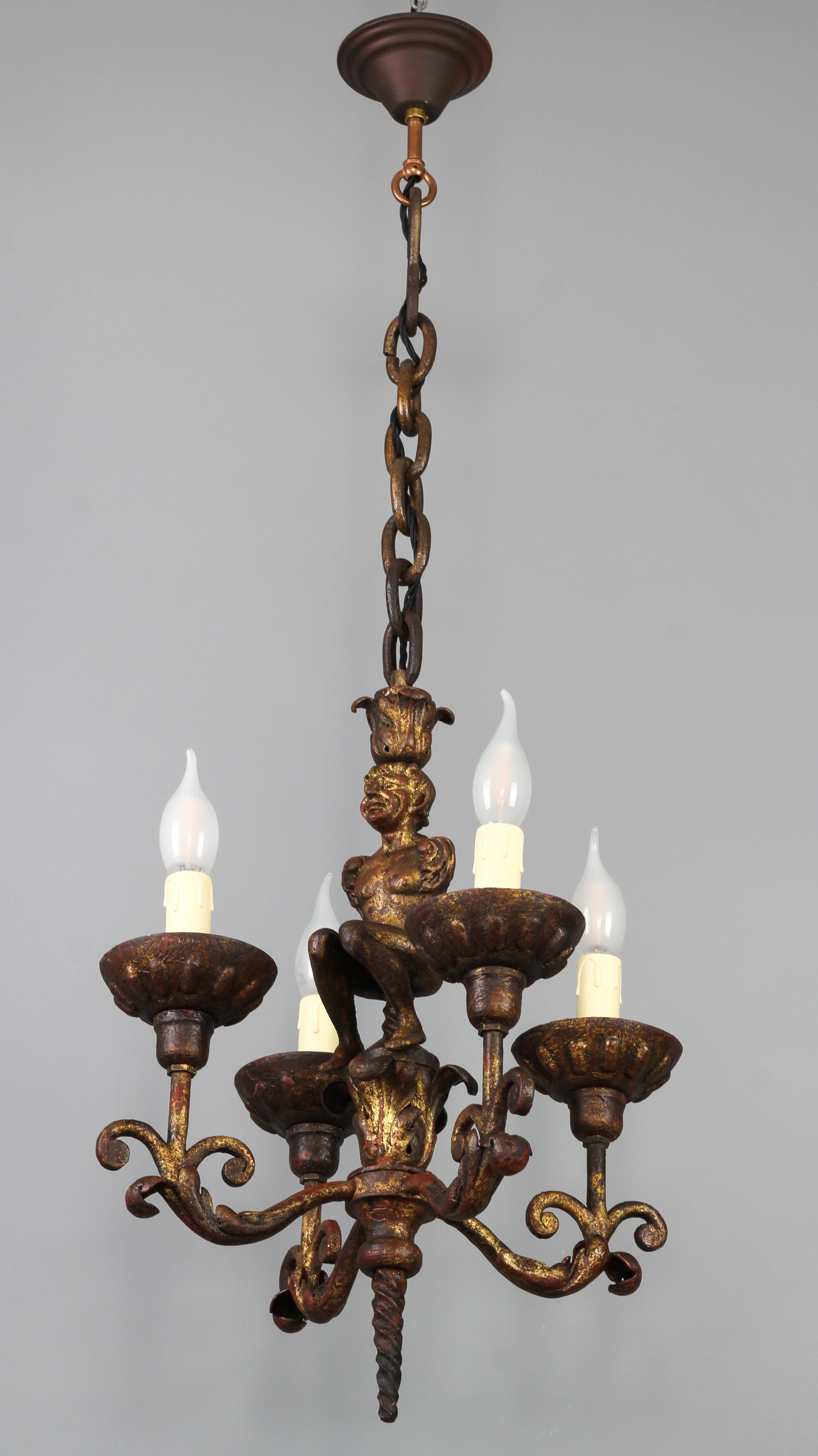 19th Century Antique Wrought Iron Baroque Style Four-Light Figural Chandelier, France For Sale