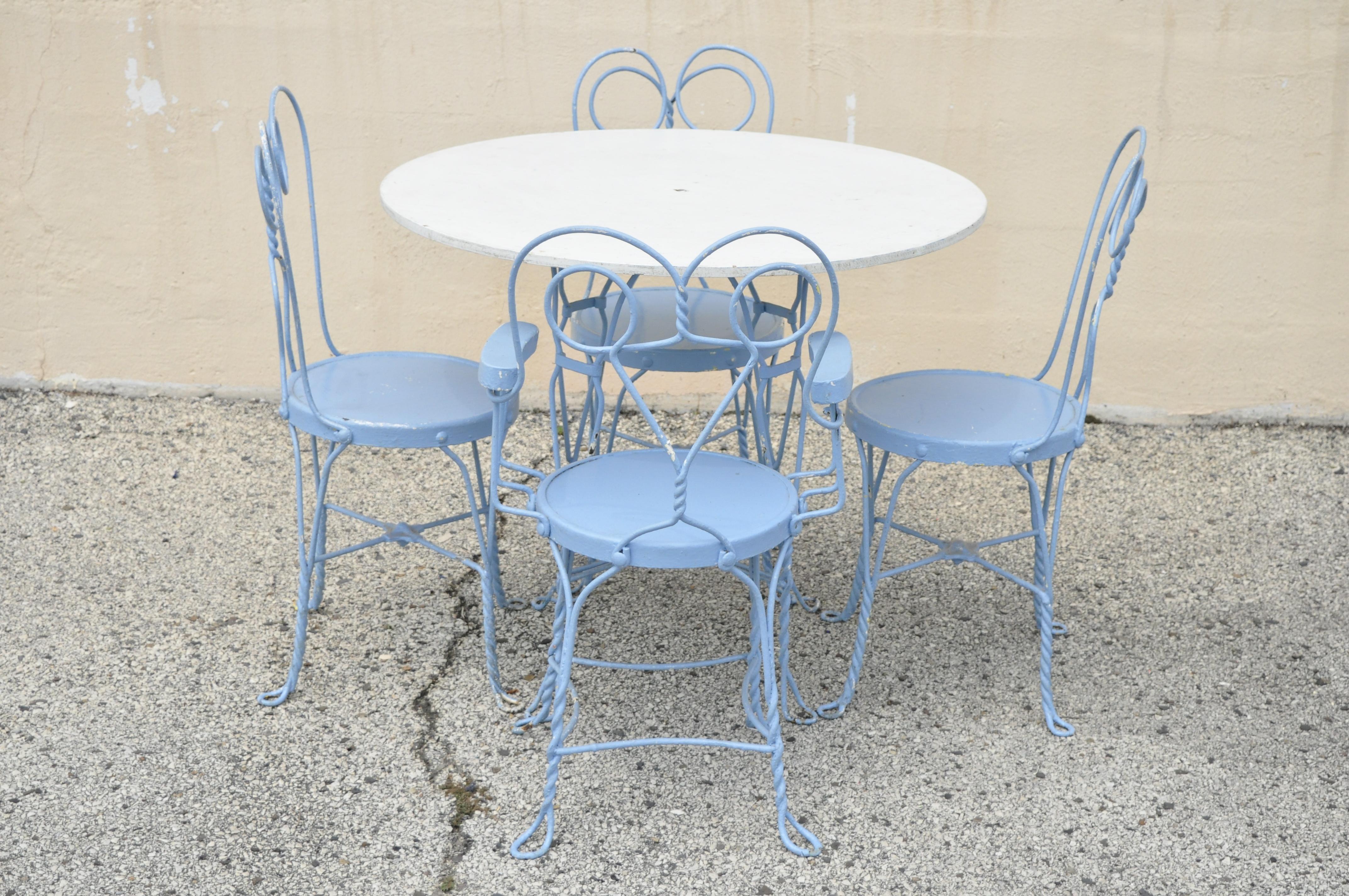 Antique Wrought Iron Blue Heart Back Ice Cream Parlor Bistro Dining Set, 5pc Set 4