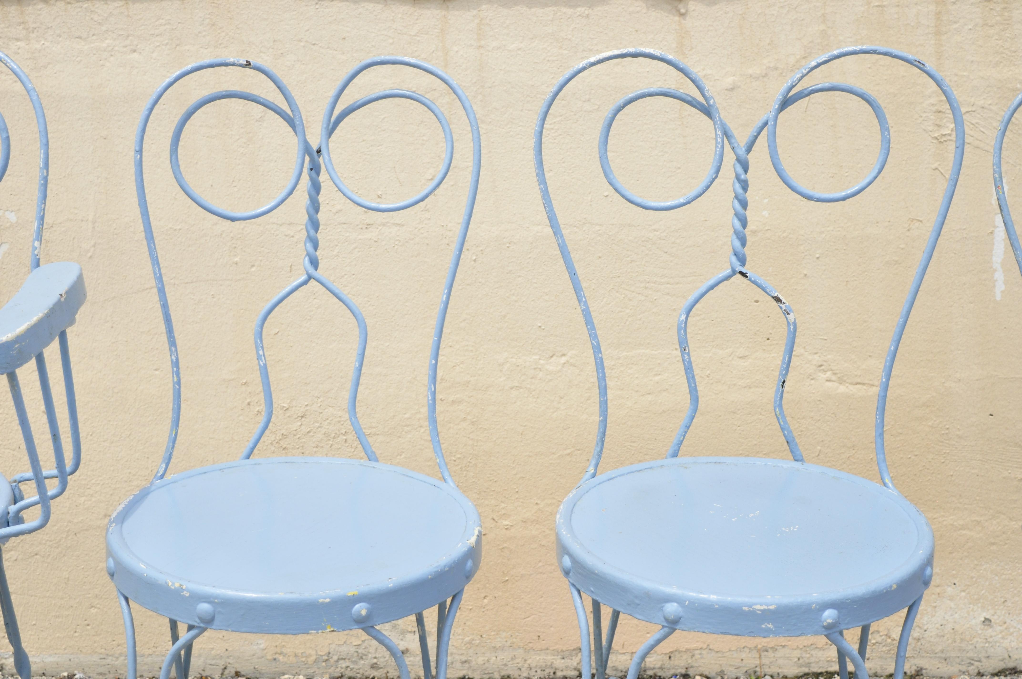 Victorian Antique Wrought Iron Blue Heart Back Ice Cream Parlor Bistro Dining Set, 5pc Set