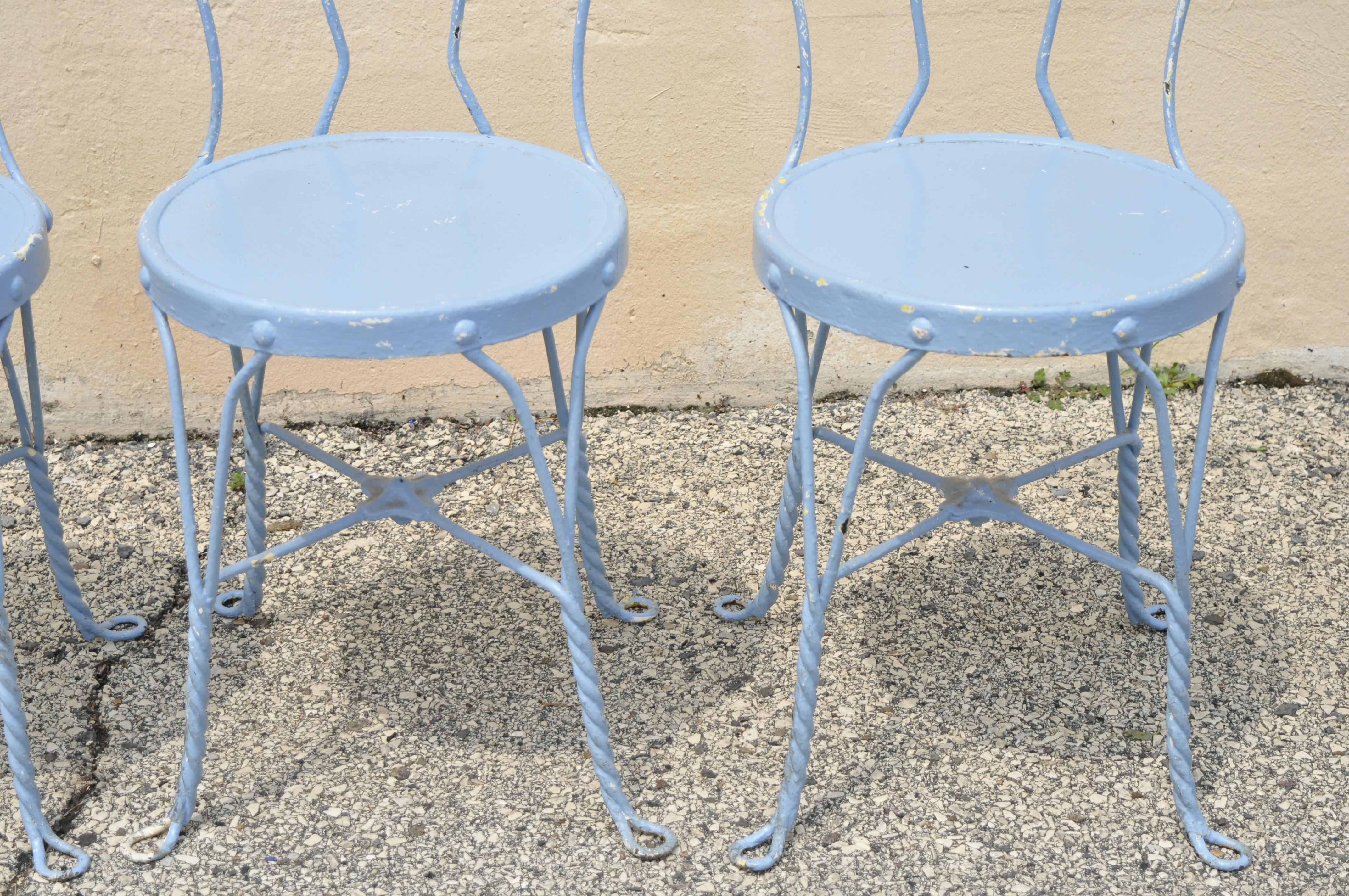 North American Antique Wrought Iron Blue Heart Back Ice Cream Parlor Bistro Dining Set, 5pc Set