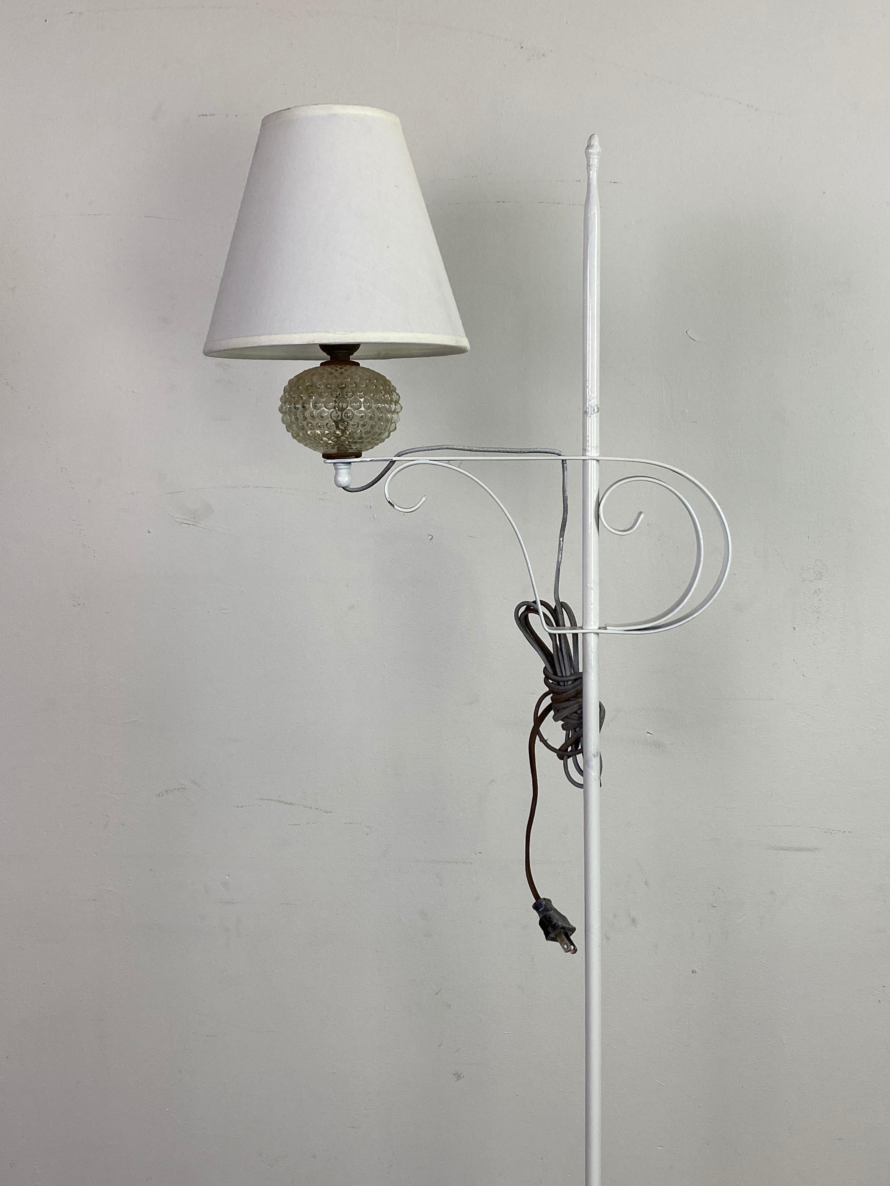 Elegant and clean wrought iron bridge floor lamp, recoated in white and outfitted with new shade. Accommodates modern style LED bulbs too. Recoated white.