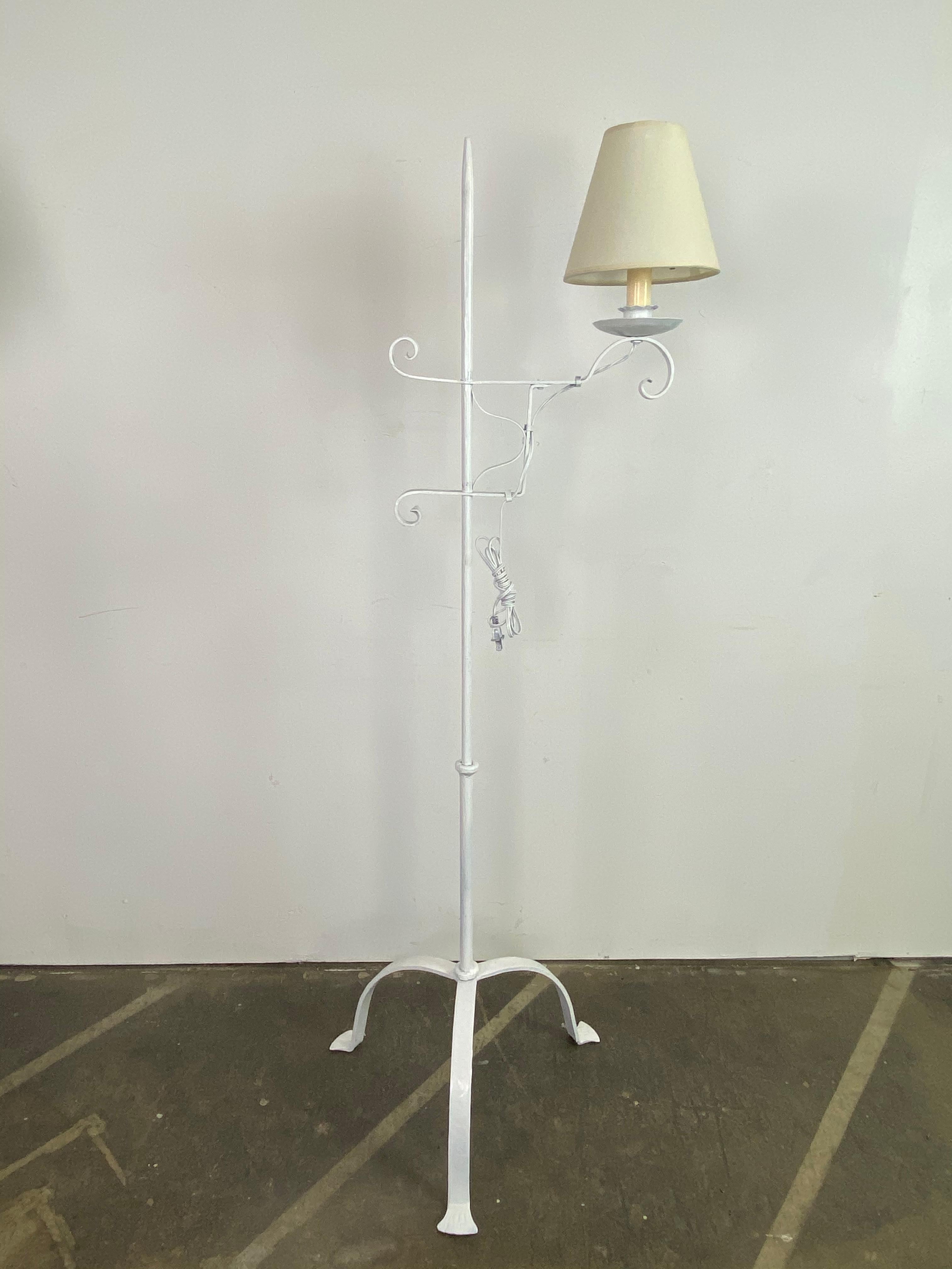 Elegant and clean wrought iron bridge floor lamp, recoated in white and outfitted with new shade. Accommodates modern style LED bulbs too. Recoated white.