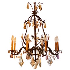 Antique Wrought Iron Chandelier with French Prisms, circa 1890-1910