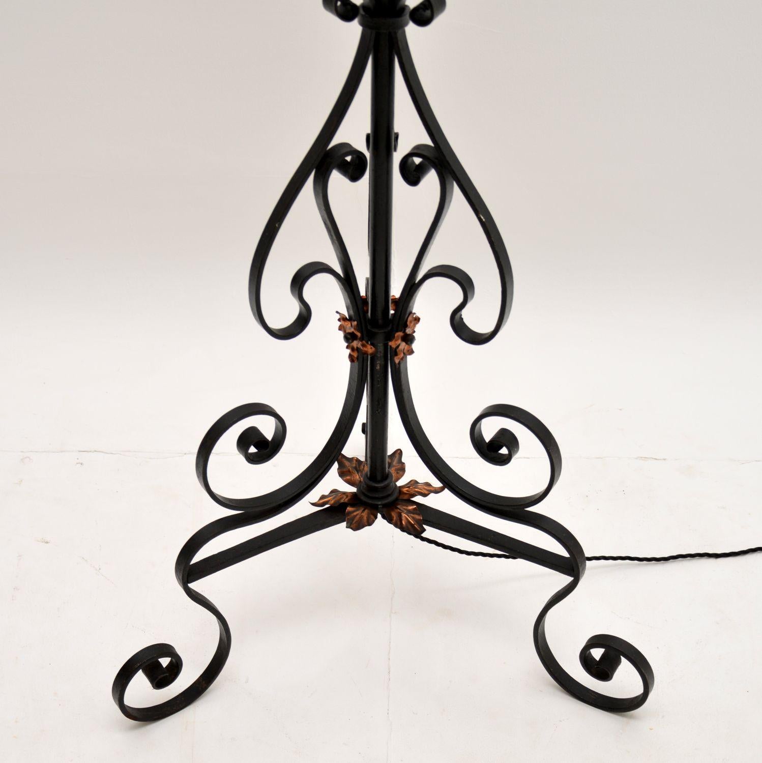 English Antique Wrought Iron & Copper Rise & Fall Floor Lamp