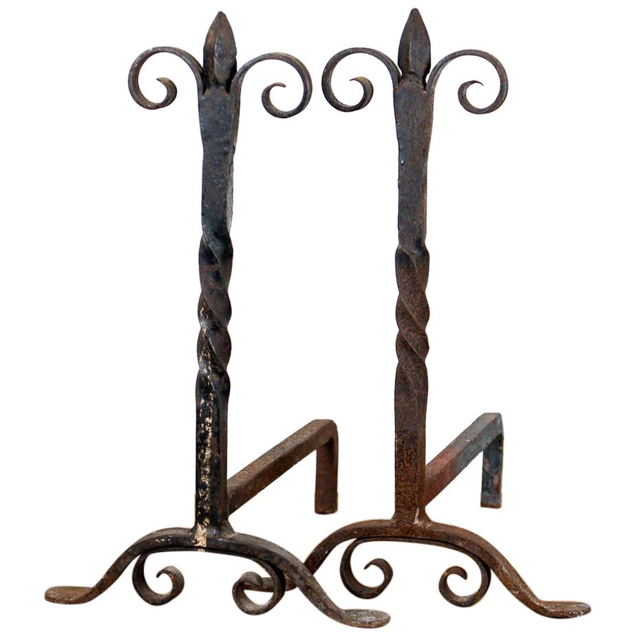 Antique Wrought Iron Fire Dogs, 20th Century For Sale