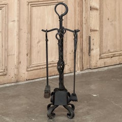 Antique Wrought Iron Fireplace Tool Set with Stand
