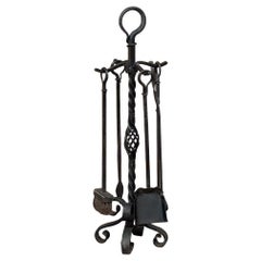 Antique Wrought Iron Fireplace Tool Set with Stand