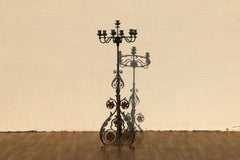Antique Wrought Iron Floor Candelabra  Ornate Gothic Revival Candleholder