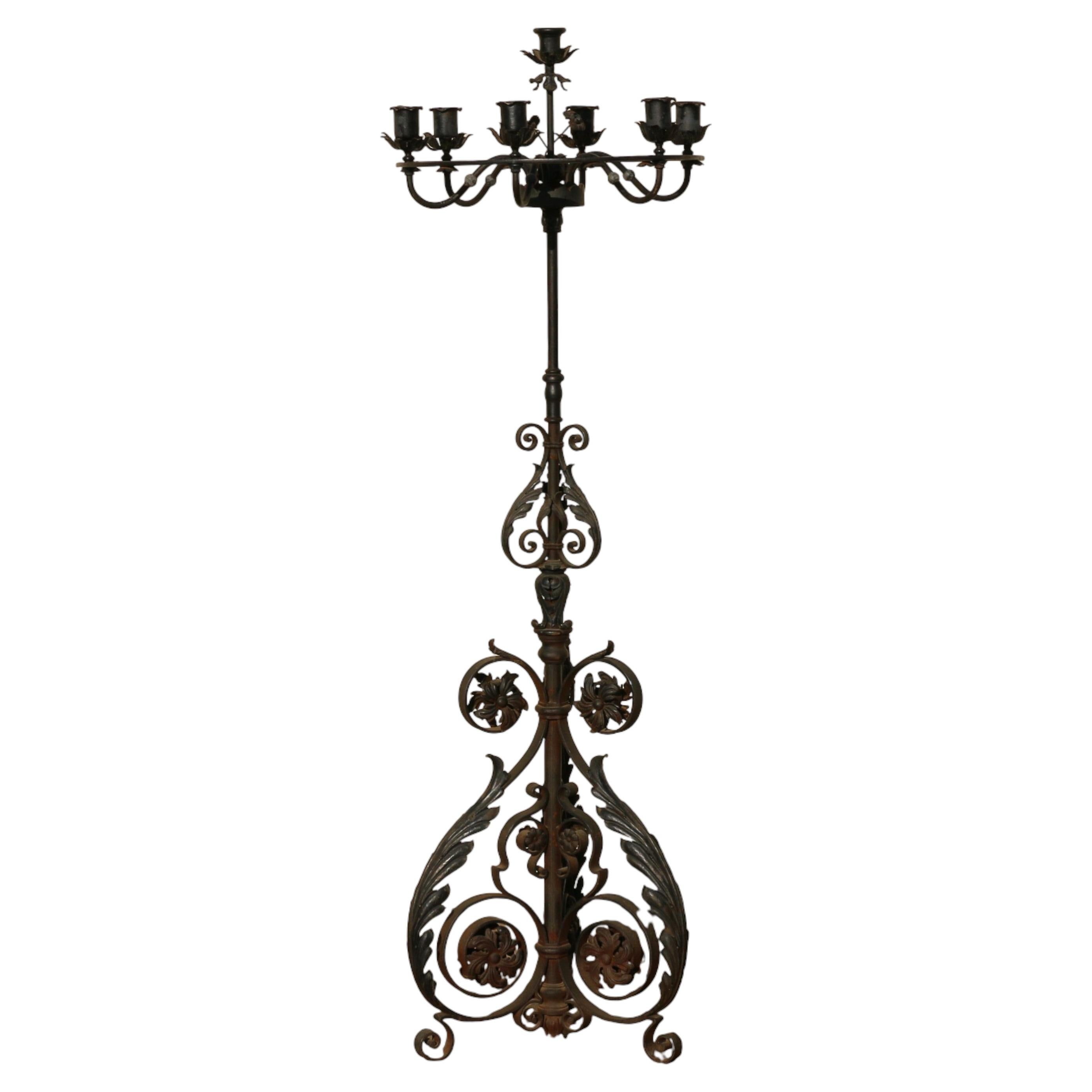 Antique Wrought Iron Floor Candelabra Ornate Gothic Revival Candleholder