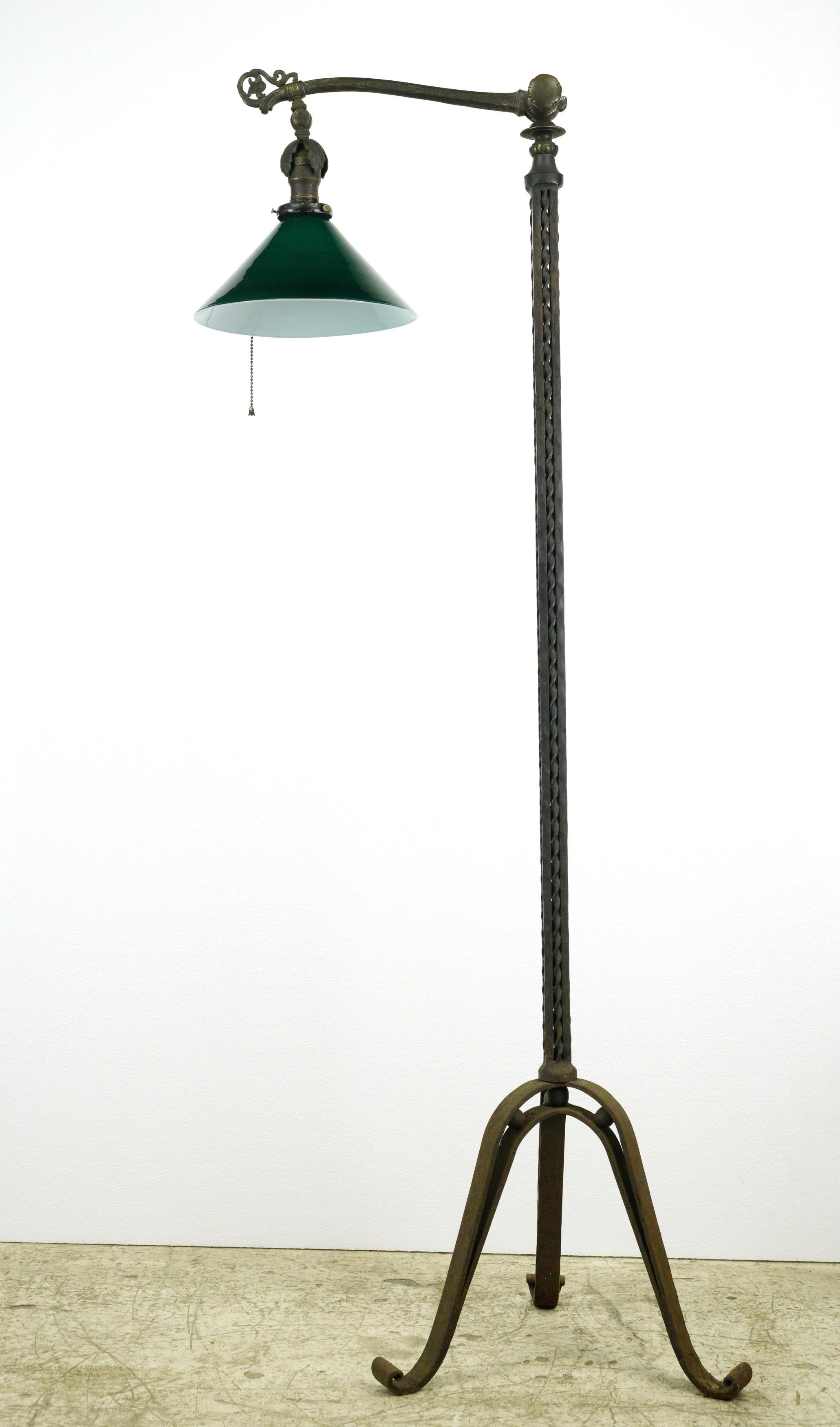 Antique Wrought Iron Floor Lamp with Green Glass Shade 5