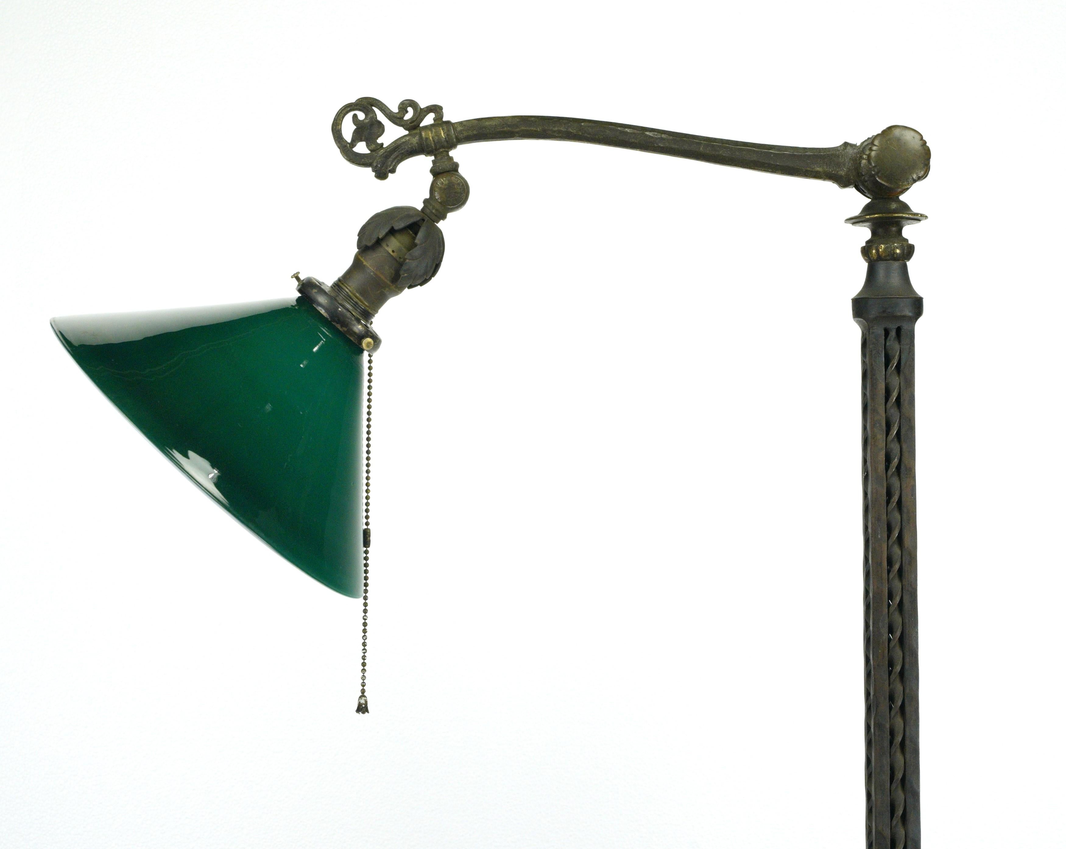 Antique Wrought Iron Floor Lamp with Green Glass Shade 6