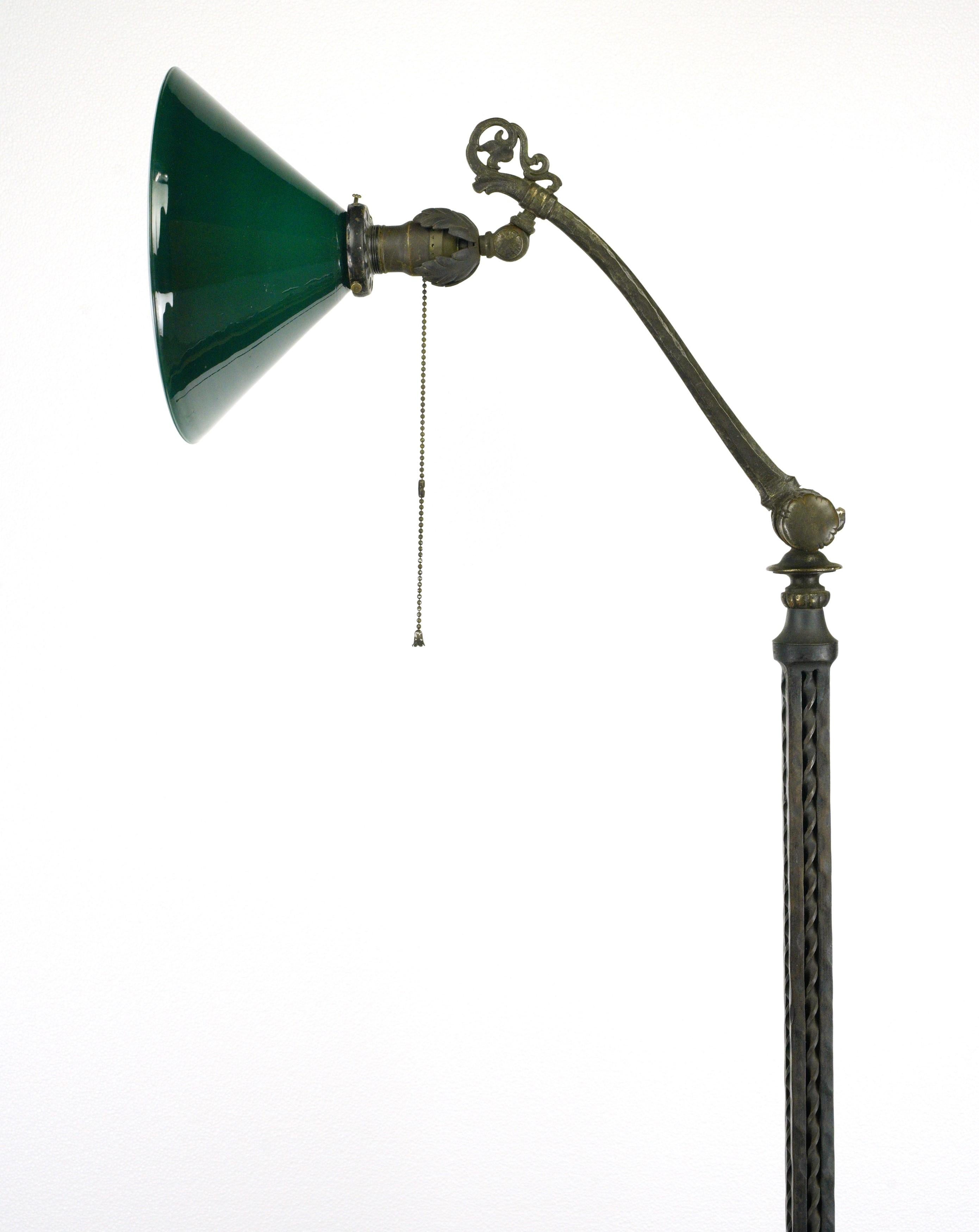 Antique Wrought Iron Floor Lamp with Green Glass Shade 7