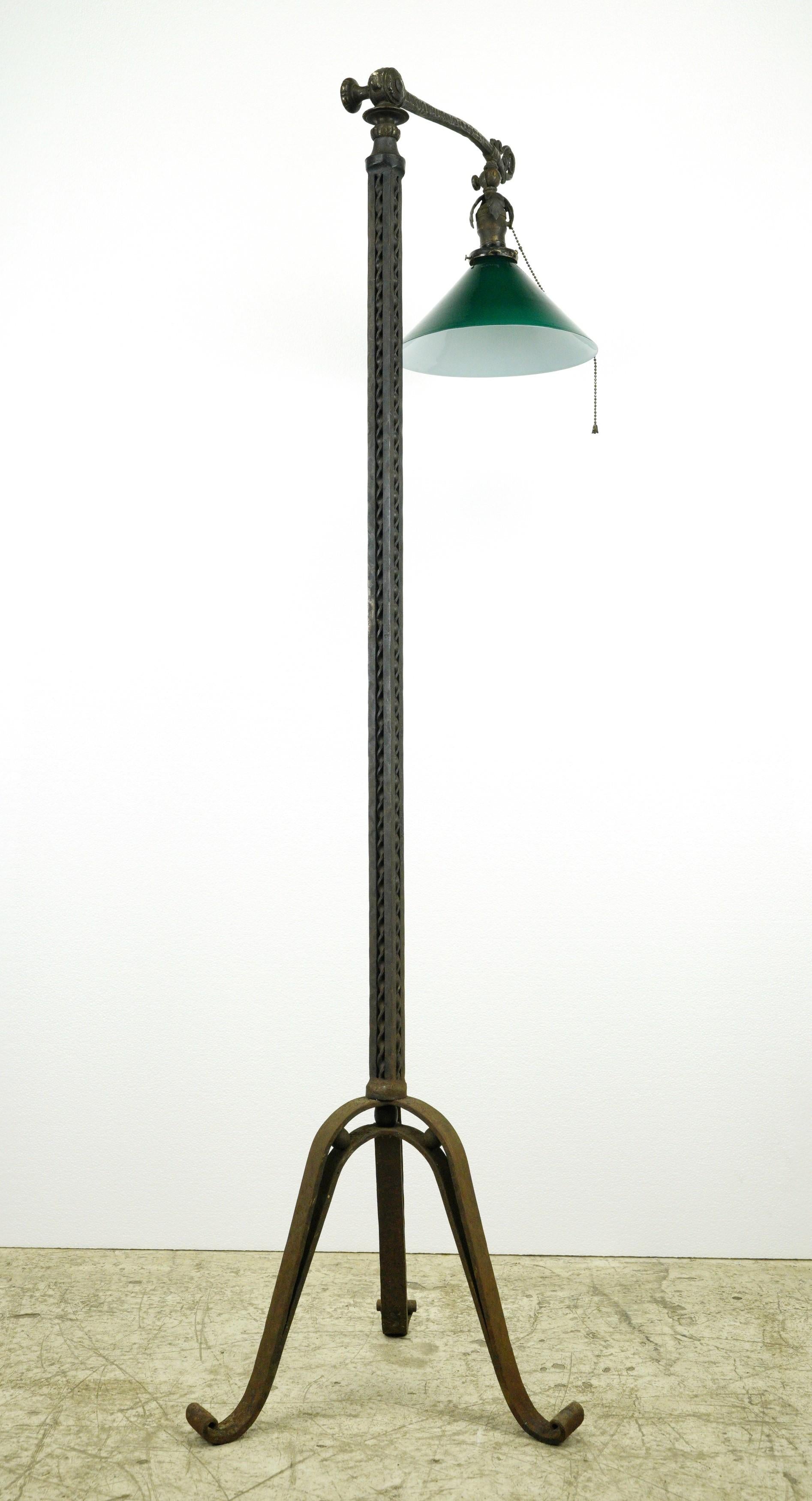 Antique Wrought Iron Floor Lamp with Green Glass Shade 2