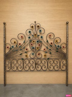 Antique Wrought Iron Floral Headboard with Hand-Painted Decorative Flowers