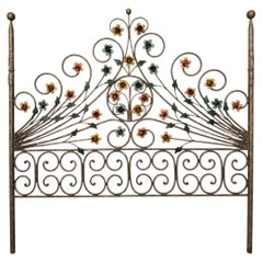 Antique Wrought Iron Floral Headboard with Hand-Painted Decorative Flowers