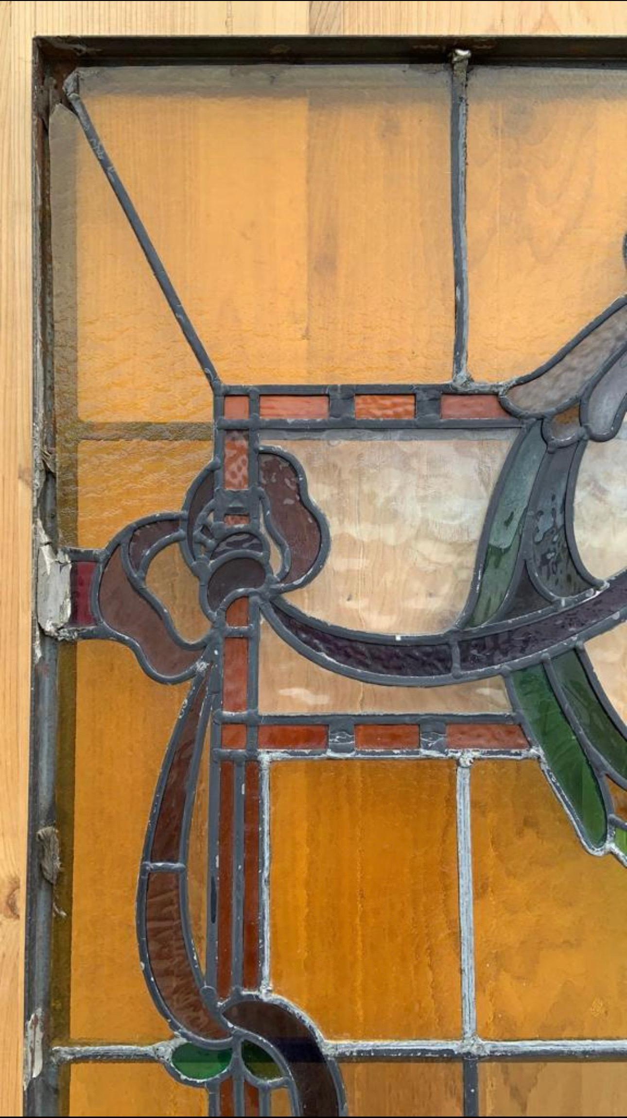 Unknown Antique Wrought Iron Framed Stained Glass Window / Door For Sale