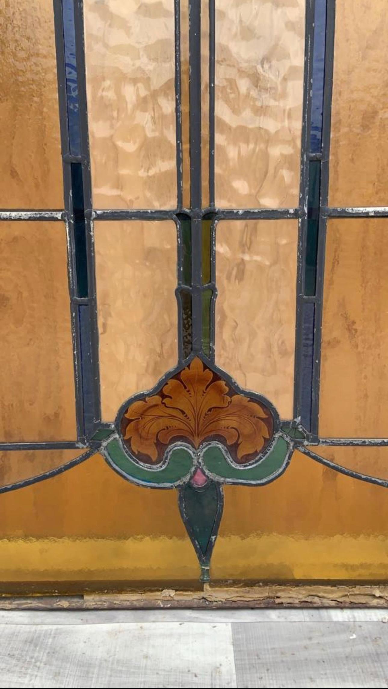 Mid-20th Century Antique Wrought Iron Framed Stained Glass Window / Door For Sale