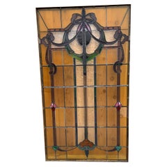Antique Wrought Iron Framed Stained Glass Window / Door