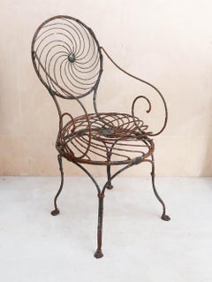Antique Wrought Iron Garden Chair With Spiral Pinwheel Design. English C.1870