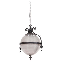 Antique Wrought Iron GEC Holophane Glass Globe Sphere Pendant Light, C.1915
