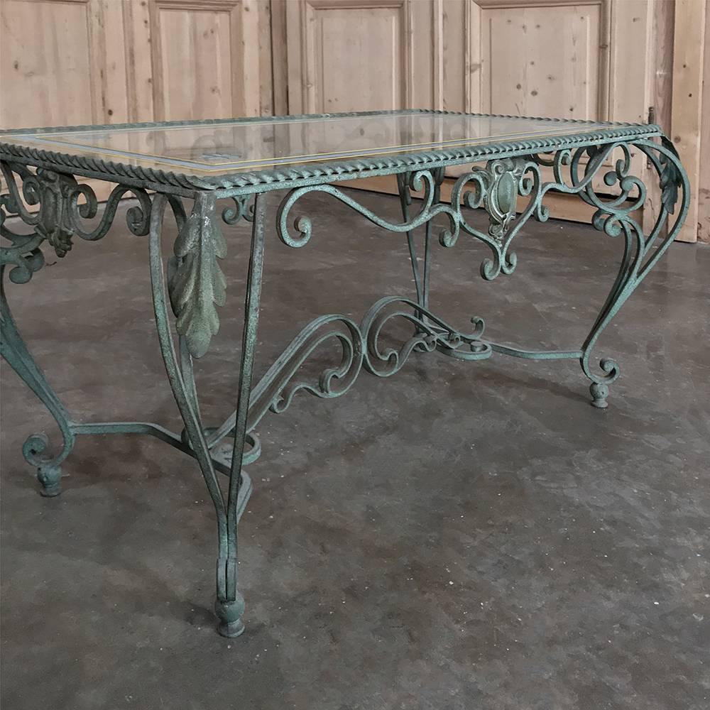 Country Antique Wrought Iron Glass Top Coffee Table