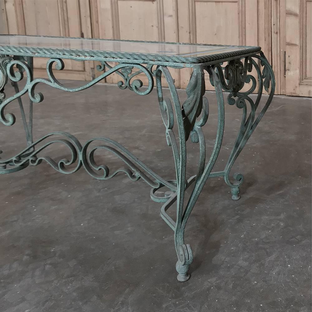Etched Antique Wrought Iron Glass Top Coffee Table