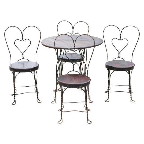 Antique Wrought Iron Heart Back Ice Cream Parlor 4 Dining Chairs Table