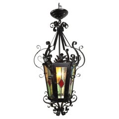 Antique Wrought Iron Lantern with Leaded Glass, France