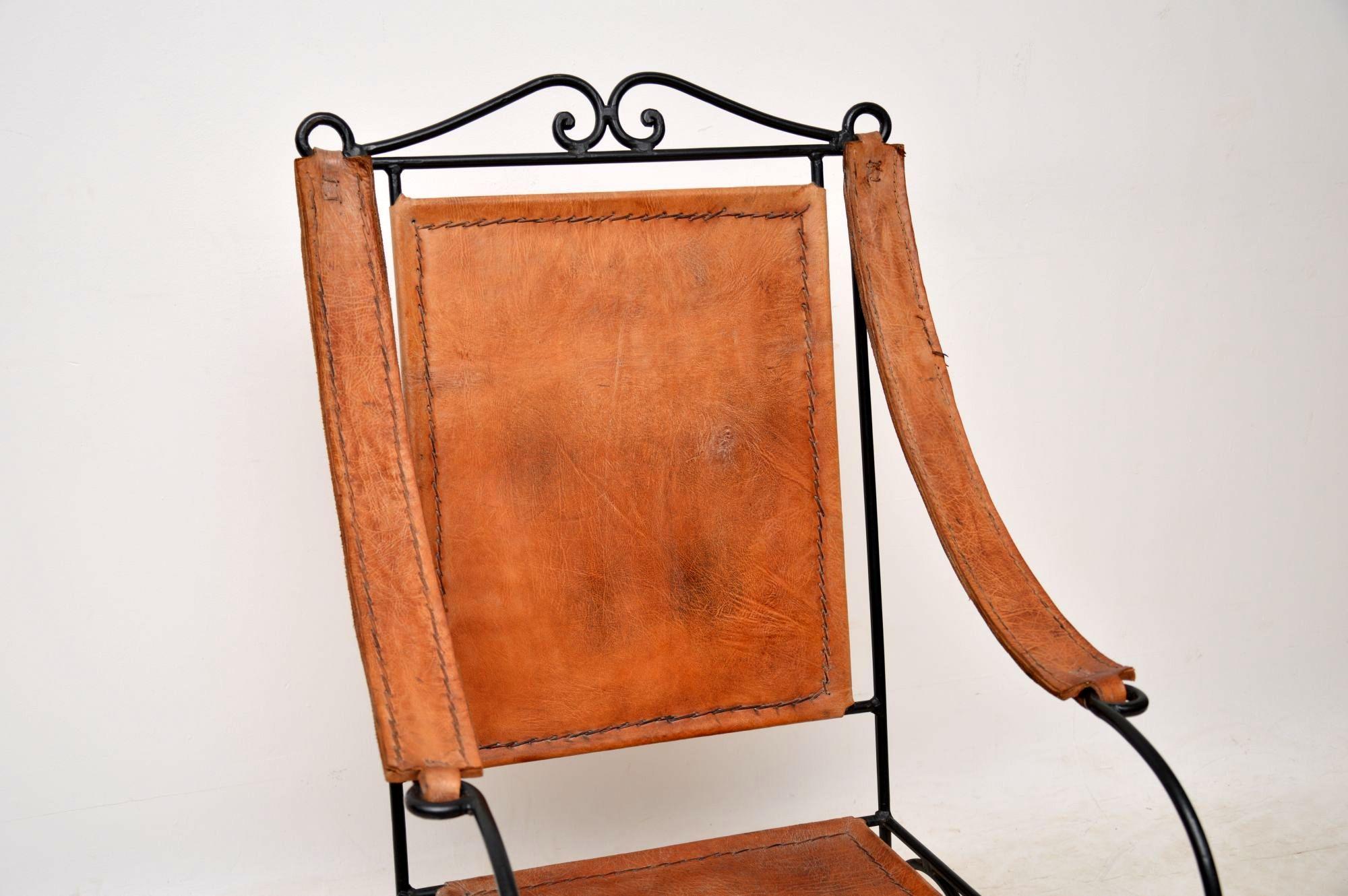 Antique Wrought Iron and Leather Rocking Chair 4