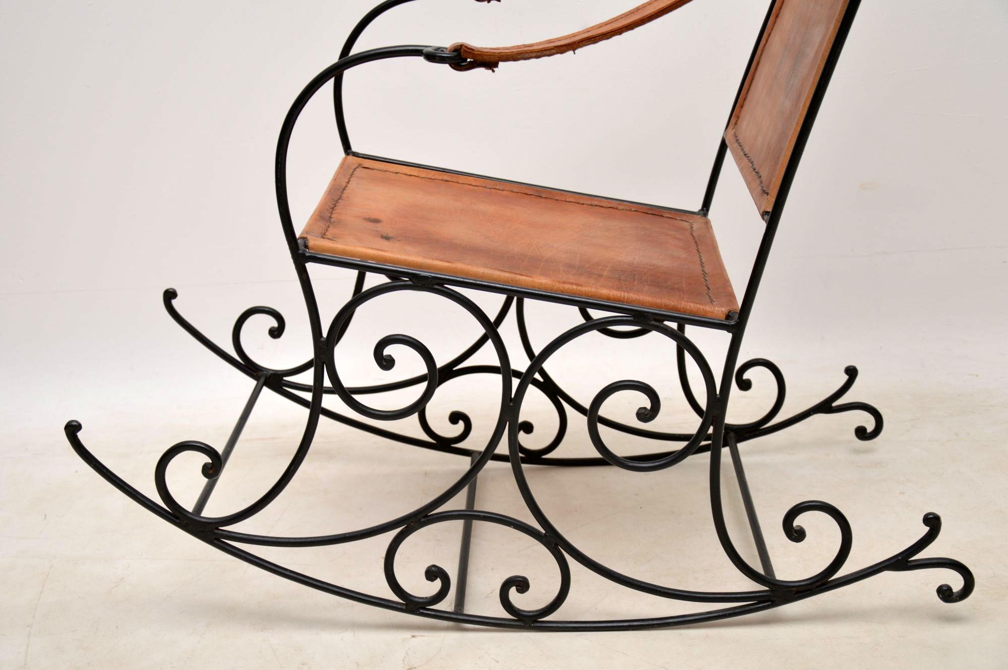 English Antique Wrought Iron and Leather Rocking Chair