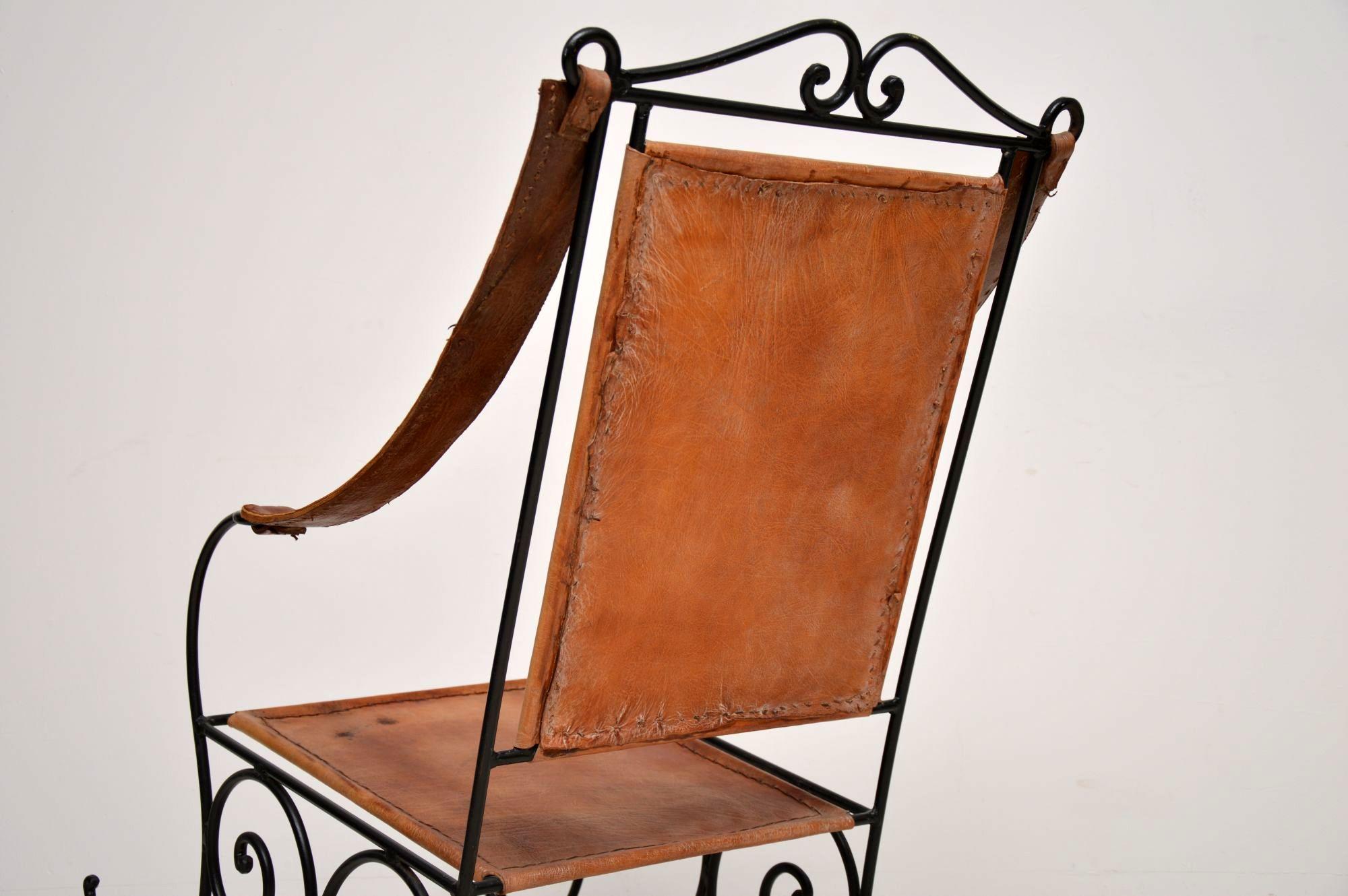 Antique Wrought Iron and Leather Rocking Chair In Good Condition In London, GB