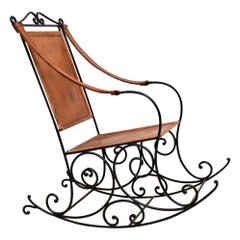 Retro Wrought Iron and Leather Rocking Chair