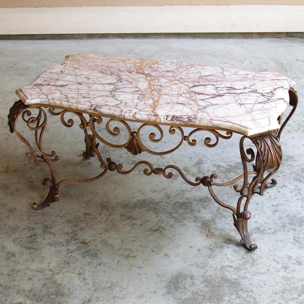 French Antique Wrought Iron and Marble Coffee Table